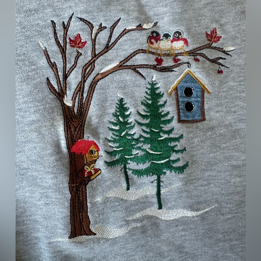 Vintage Embroidered Winter Scene Crewneck Sweatshirt Cottagecore - Picture 4 of 7